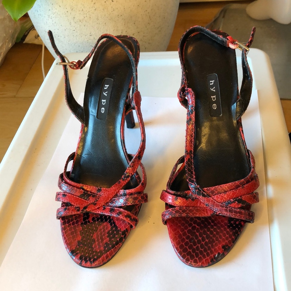 Hype Red Snakeskin Strappy Stiletto Heels sz 6.5